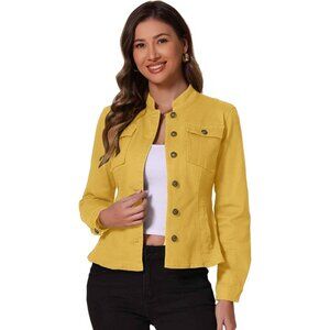 Women's Casual Denim Jacket Classic Stand Collar Long Sleeve Jean Jacket Yellow